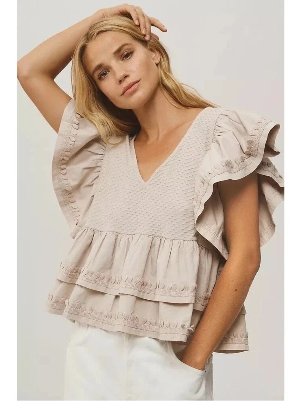 Anthropologie Beige Ruffle Tiered V-Neck Blouse